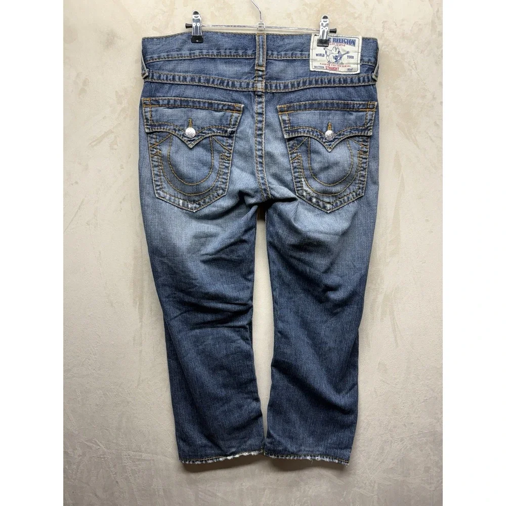 True Religion Ricky Jeans Men's 33 Blue Distressed Straight Flap Big T MJA859M6